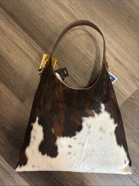 Cowhide Shoulder Bag in Brown & White